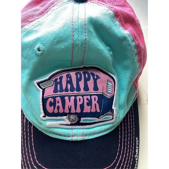 Simply Southern Happy Camper Embroidered Pink Teal Baseball Hat Cap Distressed - Picture 8 of 8